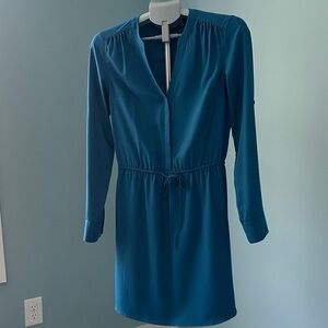 Express Teal Long-Sleeve V-Neck Drawstring Waist Dress